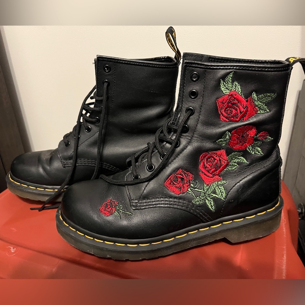 Dr. Martens Black Combat Boots with Red Rose Embroidery